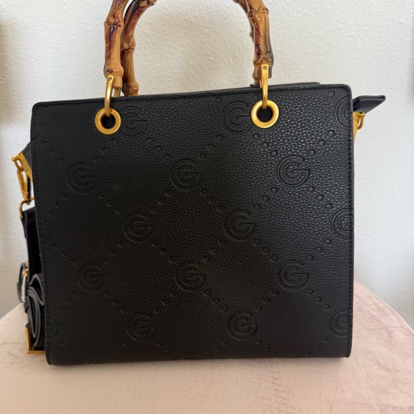 Gabriella Puccini Black Embossed Leather Bamboo Handle Bag with Dustbag– 10.5” - Picture 2 of 9